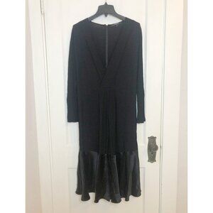 Derek Lam New York - Black V-neck Elastic Waist Midi Dress w/ Satin Hem, 16